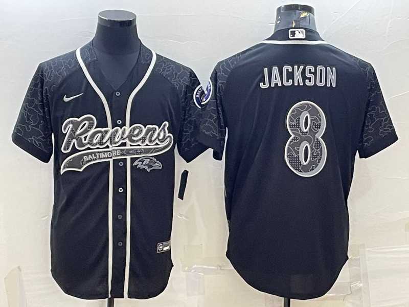 Mens Baltimore Ravens #8 Lamar Jackson Black Reflective With Patch Cool Base Stitched Baseball Jersey->baltimore ravens->NFL Jersey